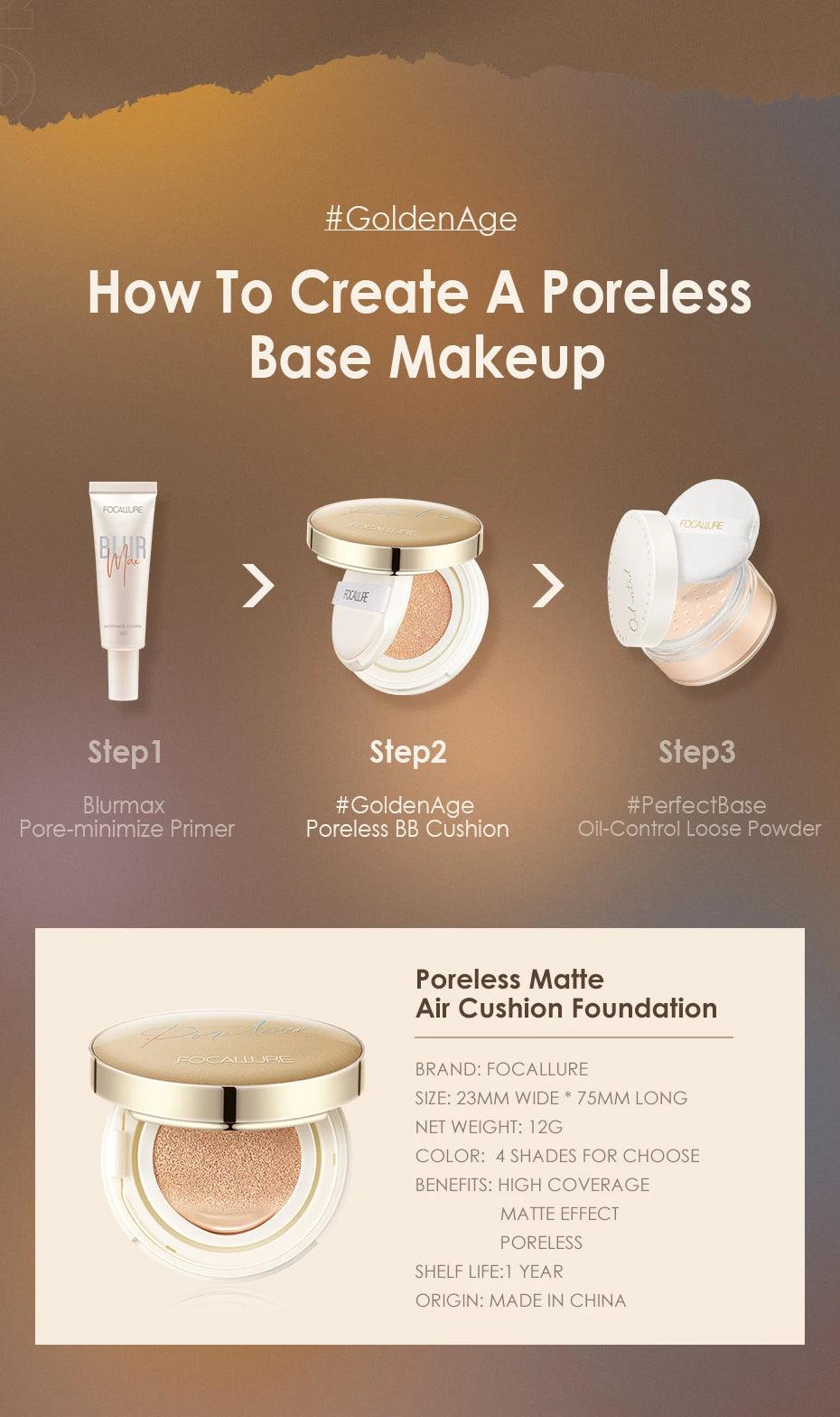 FOCALLURE Waterproof Matte Air Cushion Poreless BB＆CC Cream High Coverage Oil-control Soft Face Makeup Foundation Base Cosmetics - Urbanew