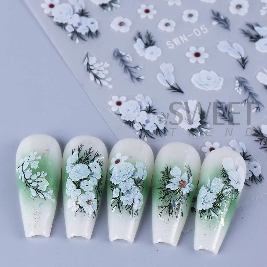 5D Embossed White Flower Nail Stickers Elegant Lace Rose Floral Petals Leaves DIY Self-Adhesive Decal Slider Manicure Decoration - Urbanew