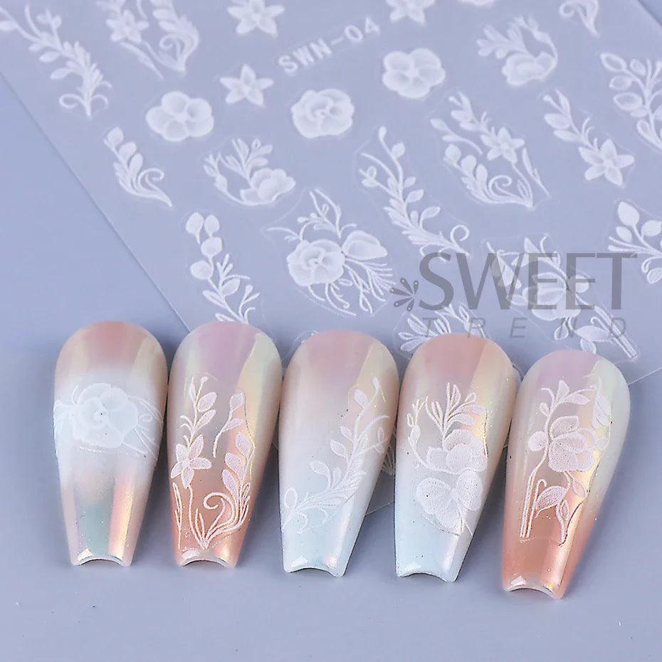 5D Embossed White Flower Nail Stickers Elegant Lace Rose Floral Petals Leaves DIY Self-Adhesive Decal Slider Manicure Decoration - Urbanew