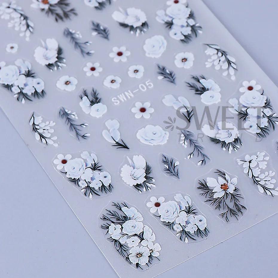 5D Embossed White Flower Nail Stickers Elegant Lace Rose Floral Petals Leaves DIY Self-Adhesive Decal Slider Manicure Decoration - Urbanew