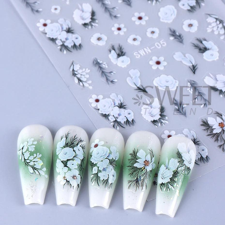 5D Embossed White Flower Nail Stickers Elegant Lace Rose Floral Petals Leaves DIY Self-Adhesive Decal Slider Manicure Decoration - Urbanew