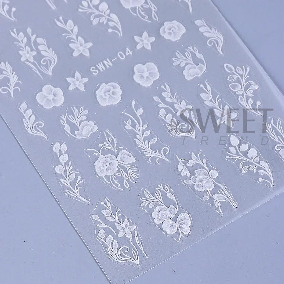 5D Embossed White Flower Nail Stickers Elegant Lace Rose Floral Petals Leaves DIY Self-Adhesive Decal Slider Manicure Decoration - Urbanew