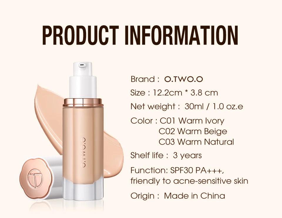 O.TWO.O Liquid Foundation Cream for Face 30ml High Coverage Makeup Base SPF30 Waterproof Concealer Makeup Foundation - Urbanew