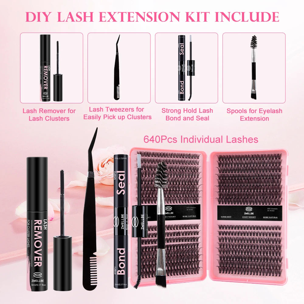 640pcs Clusters Kit D Curl  Eyelash Extension Kit With Lash Bond and Seal, Eyelash Remover, Applicator, Eyelash Book DIY at home