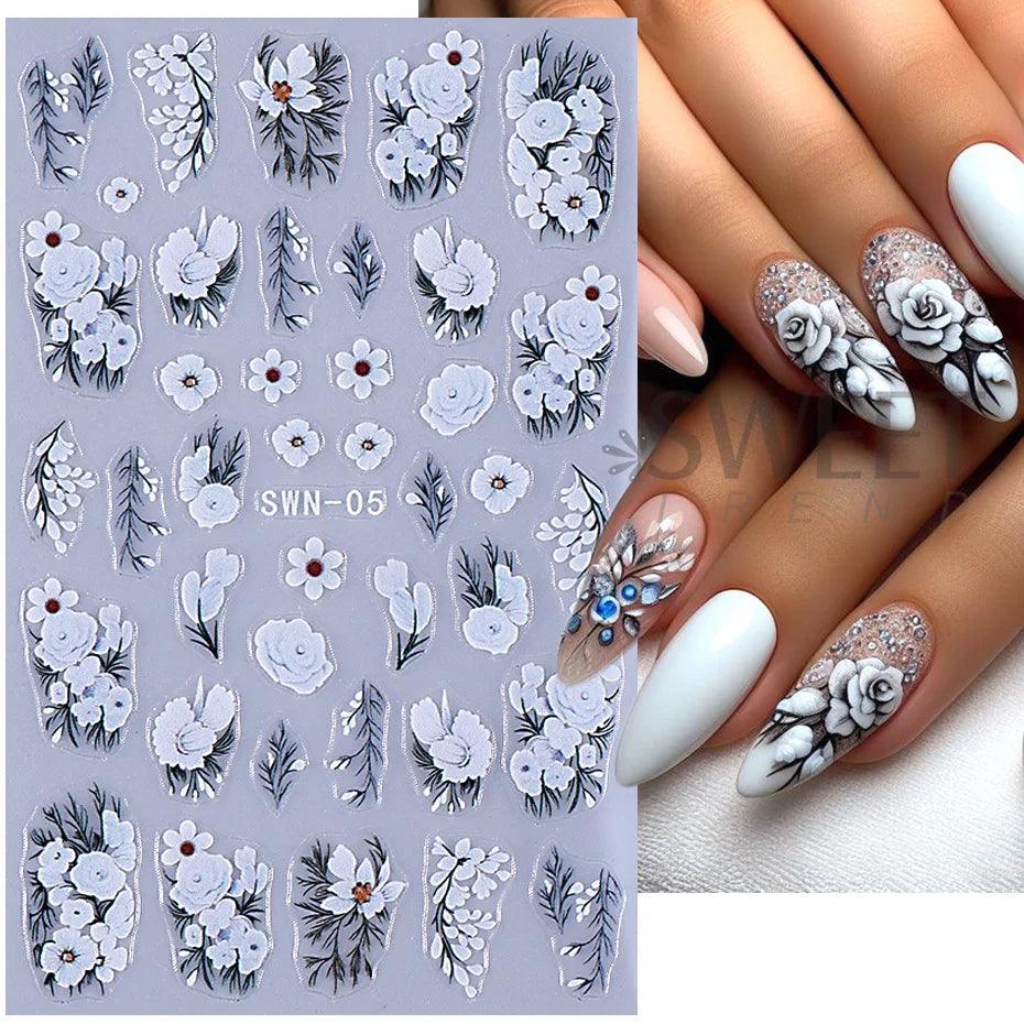 5D Embossed White Flower Nail Stickers Elegant Lace Rose Floral Petals Leaves DIY Self-Adhesive Decal Slider Manicure Decoration - Urbanew