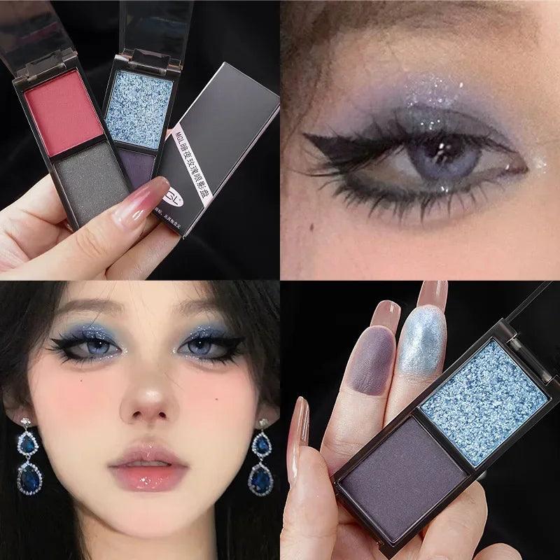 Smoky Glitter Blue Eyeshadow Palette 2-Color Red Black Green Matte Eye Shadow Dark Punk Eyes Pigment Halloween Eyeshadow Makeup - Urbanew