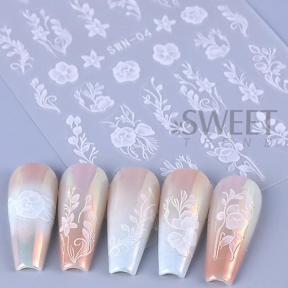 5D Embossed White Flower Nail Stickers Elegant Lace Rose Floral Petals Leaves DIY Self-Adhesive Decal Slider Manicure Decoration - Urbanew