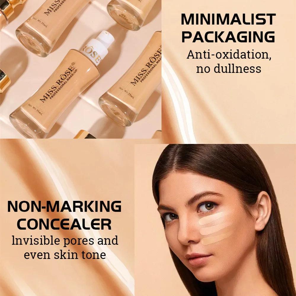 MISS ROSE 35ml Facial Makeup Foundation Liquid Natural Lasting Clear Concealer Light Moisturizing Foundation Cream Brighten Tone - Urbanew