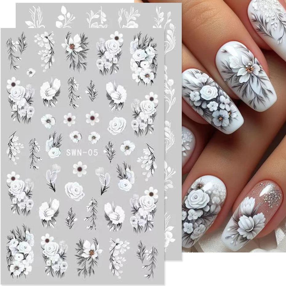 5D Embossed White Flower Nail Stickers Elegant Lace Rose Floral Petals Leaves DIY Self-Adhesive Decal Slider Manicure Decoration - Urbanew