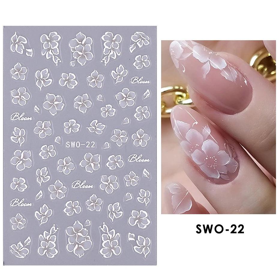 5D Embossed White Flower Nail Stickers Elegant Lace Rose Floral Petals Leaves DIY Self-Adhesive Decal Slider Manicure Decoration - Urbanew