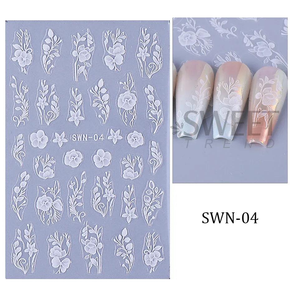 5D Embossed White Flower Nail Stickers Elegant Lace Rose Floral Petals Leaves DIY Self-Adhesive Decal Slider Manicure Decoration - Urbanew