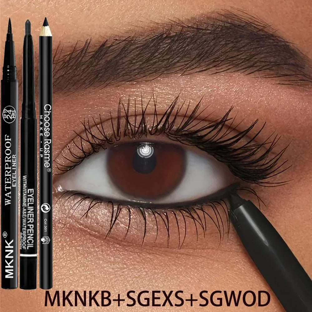 3Pcs Waterproof & Sweat-Proof Black Eyeliner Pencil Combined Lasting Smudge-Proof Bold Eye Makeup Easy Glide Formula for Perfe