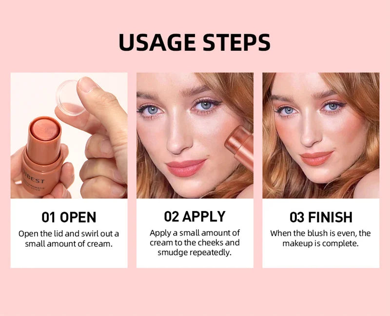 3-in-1 Cheek Blush Stick Lip Tinted Eyes Cheek Lips Brighten Cream Water-resistant Moisturizing Face Contouring Shadow Blusher