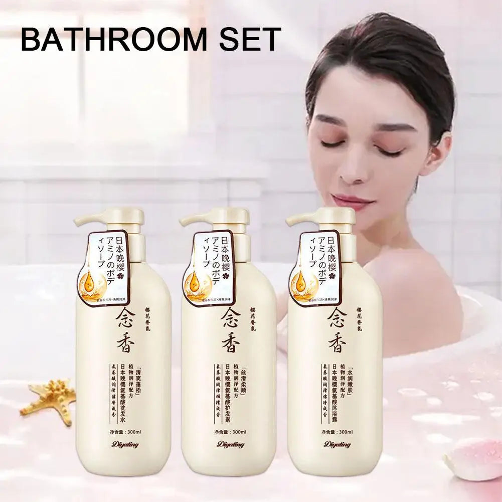 Sakura Blossom Hair & Body Care Set - Japanese Shampoo, Conditioner & Body Wash Trio (3-Pack)