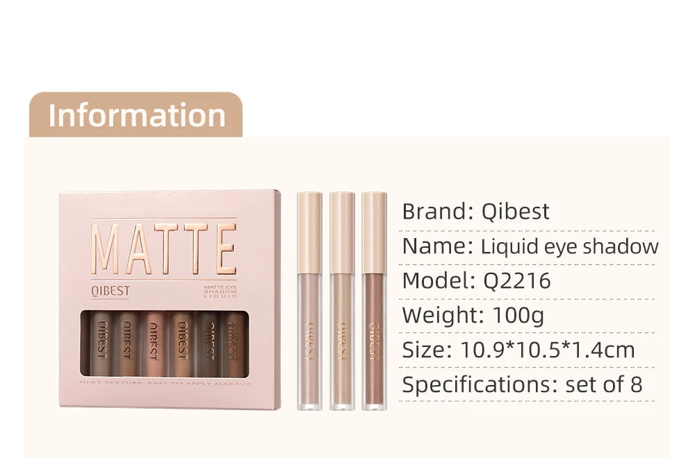 QiBest Matte Liquid Eyeshadow Set - 8 Vibrant Shades for Effortless Eye Looks (Waterproof & Long-Lasting)