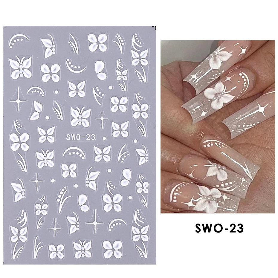 5D Embossed White Flower Nail Stickers Elegant Lace Rose Floral Petals Leaves DIY Self-Adhesive Decal Slider Manicure Decoration - Urbanew