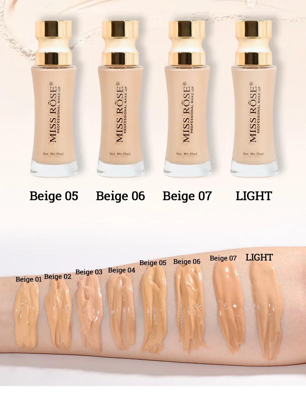 MISS ROSE 35ml Facial Makeup Foundation Liquid Natural Lasting Clear Concealer Light Moisturizing Foundation Cream Brighten Tone - Urbanew