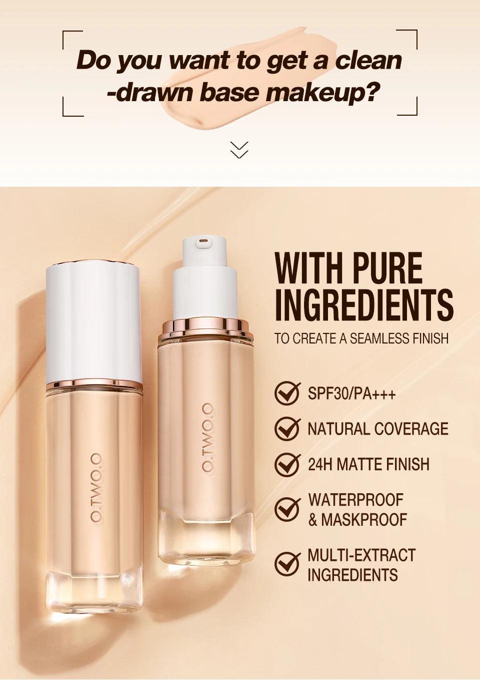 O.TWO.O Liquid Foundation Cream for Face 30ml High Coverage Makeup Base SPF30 Waterproof Concealer Makeup Foundation - Urbanew