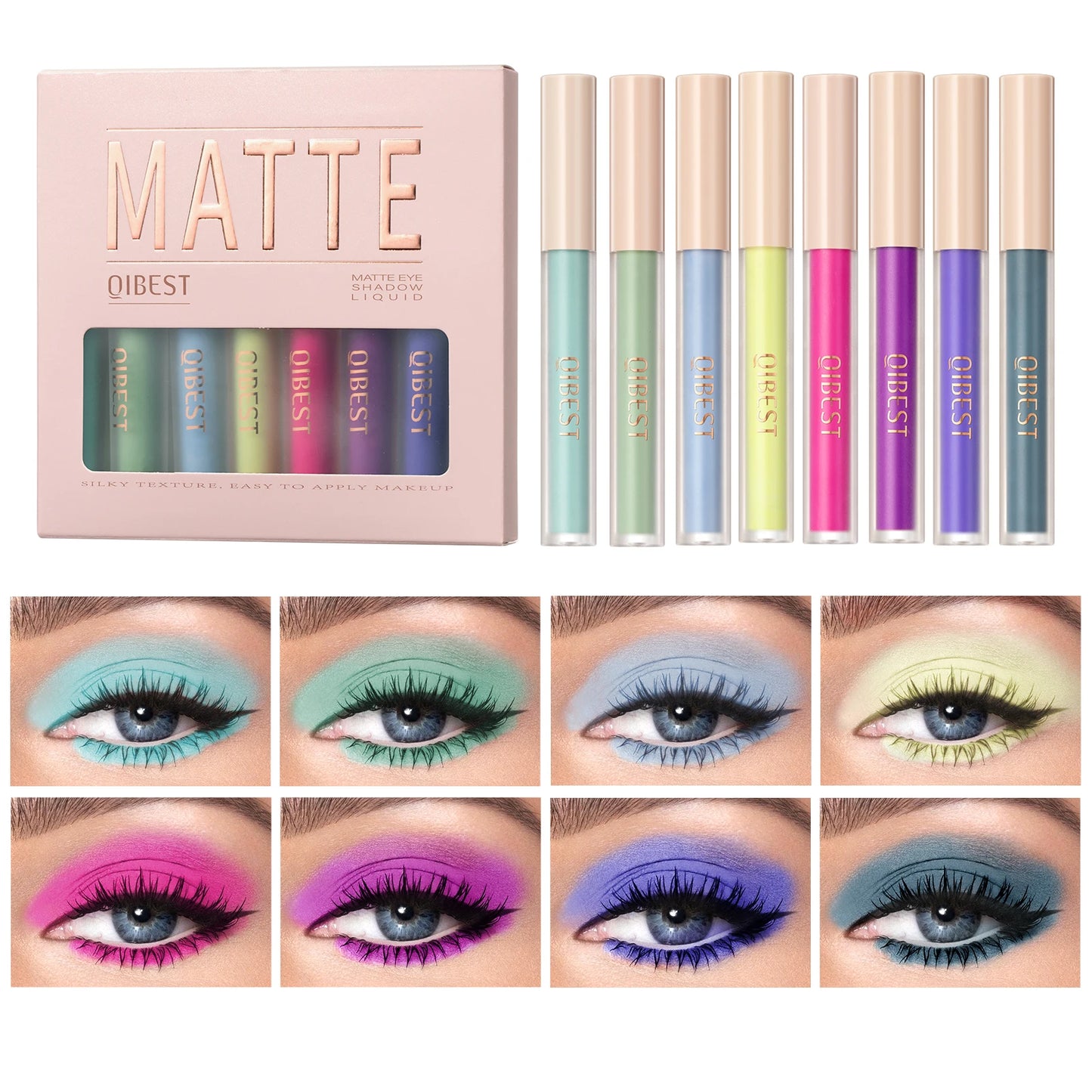 QiBest Matte Liquid Eyeshadow Set - 8 Vibrant Shades for Effortless Eye Looks (Waterproof & Long-Lasting)