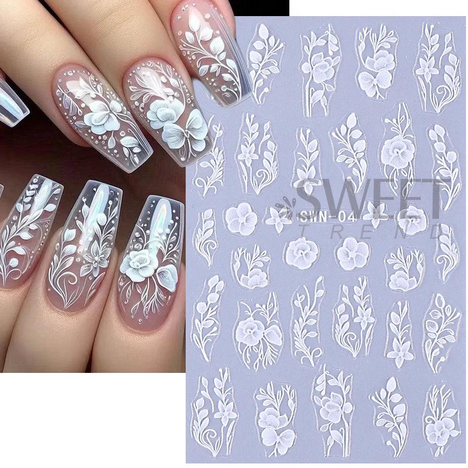 5D Embossed White Flower Nail Stickers Elegant Lace Rose Floral Petals Leaves DIY Self-Adhesive Decal Slider Manicure Decoration - Urbanew