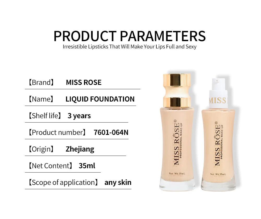 MISS ROSE 35ml Facial Makeup Foundation Liquid Natural Lasting Clear Concealer Light Moisturizing Foundation Cream Brighten Tone - Urbanew